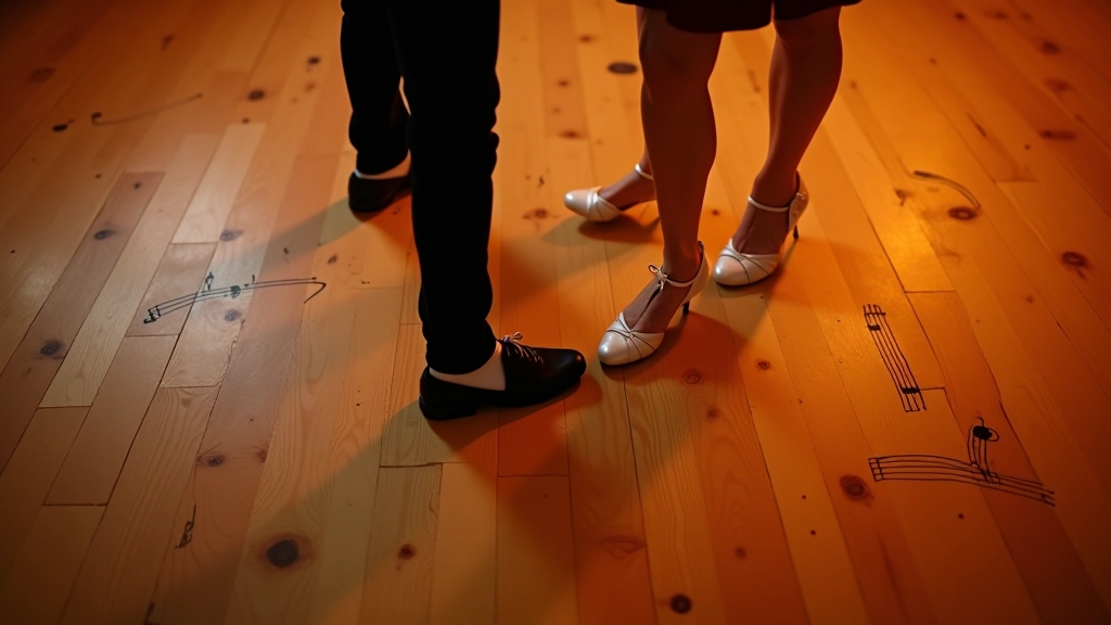 Two dancers practicing bachata rhythm on a dance floor viewed from above, showing synchronized movement and connection