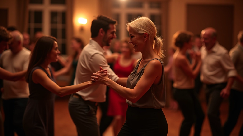 Diverse group of mature adults aged 45-60 dancing together at a social dance event, showing confidence and joy