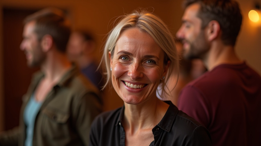 Group of mature dancers enjoying music together in a warm, welcoming dance venue setting