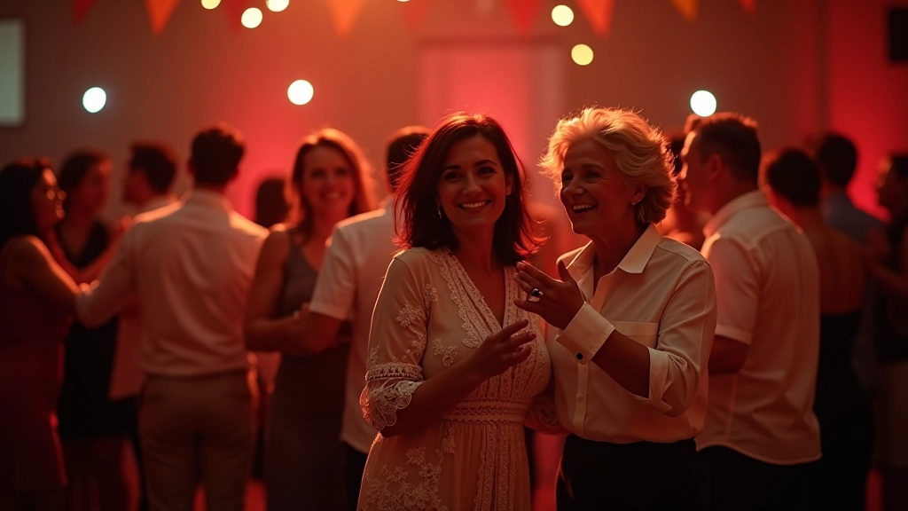 Adults enjoying a festive Latin dance fiesta with live musicians in a celebratory community atmosphere