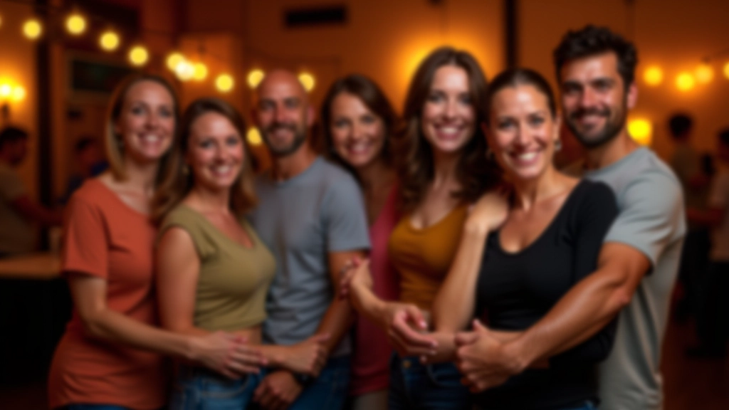 Group of diverse dancers aged 45+ standing together between songs, talking and smiling, showing community and connection