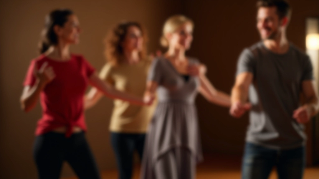 Group of adult dancers in a bachata class environment, practicing basic steps in relaxed studio setting