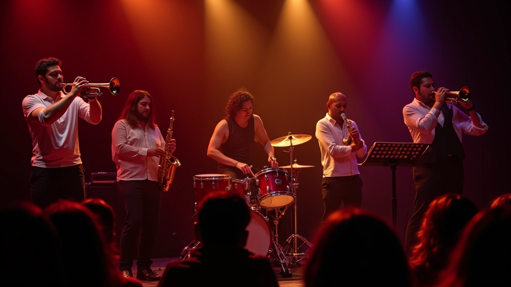 Live Latin band performing on stage with musicians playing percussion and brass instruments, energetic performance atmosphere