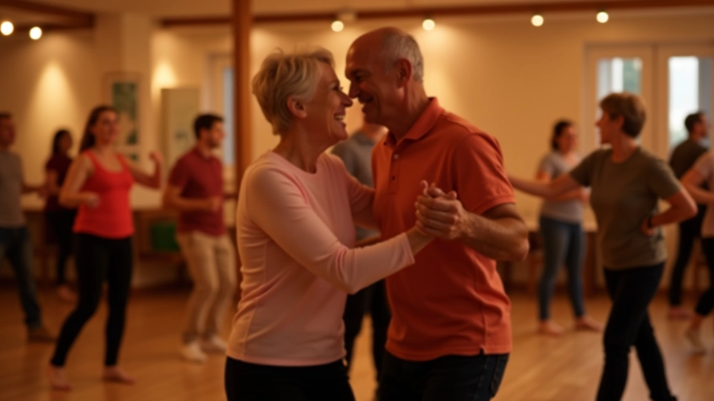 Diverse group of mature adults enjoying a Latin dance workshop together in a bright studio