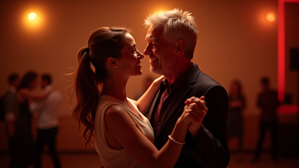 Mature couple dancing bachata closely together with genuine connection and joy in a warm dance venue