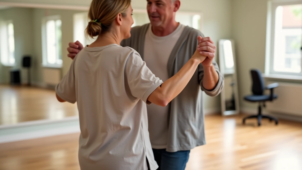 Mature couple dancing salsa together in a bright studio with wooden flooring, both smiling and moving with confidence