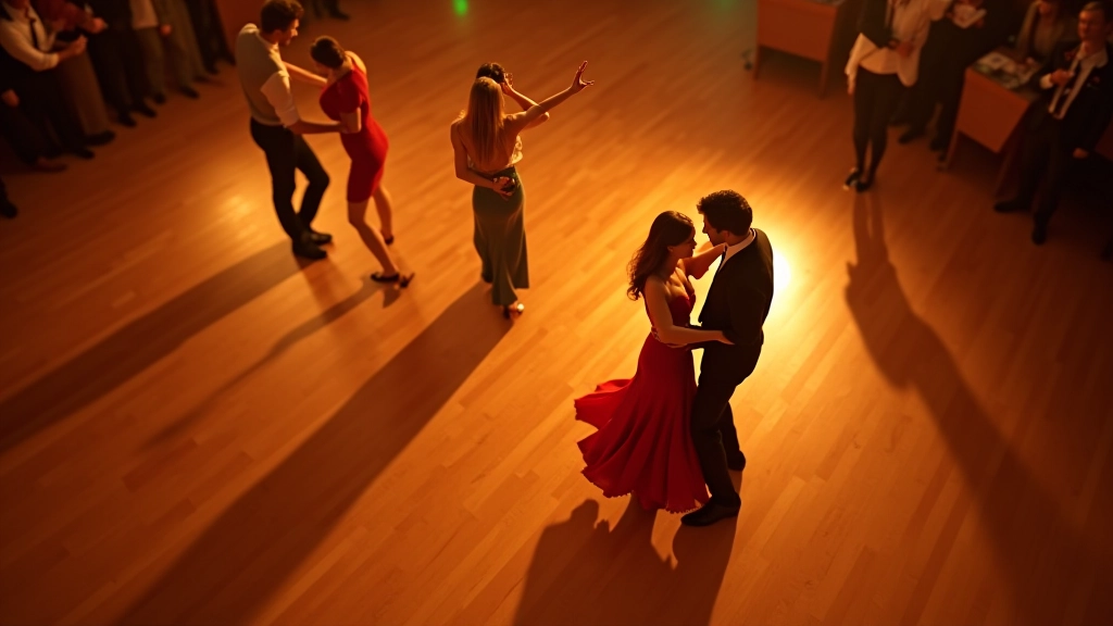 Overhead view of multiple couples dancing on a dance floor showing the counterclockwise flow pattern and proper spacing between dancers